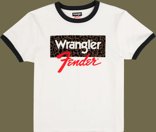Fender® x Wrangler® Women's Animal Print Boxed Logo Tee, White/Fdblk